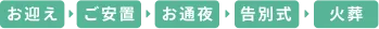 ご葬儀のフロー図 お迎え→ご安置→お通夜→告別式→火葬