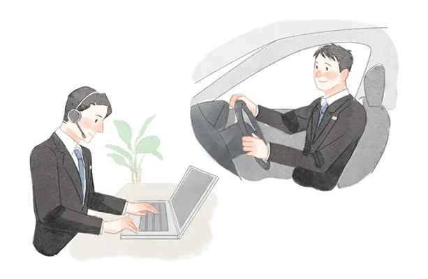 コールセンターの男性とお迎え・ご搬送に向かう車内の男性のイラスト