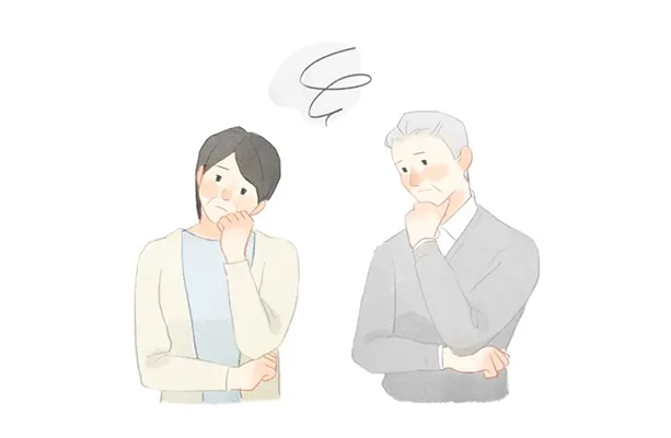 葬儀社選びに悩む夫婦のイラスト