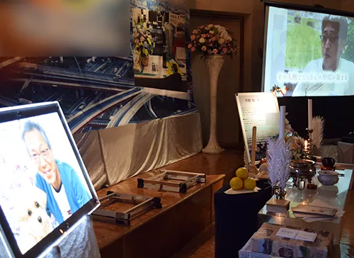 葬儀事例「全力のパパが大好き！」のギャラリー画像3枚目 お父様の写真や映像が流れるお別れの空間